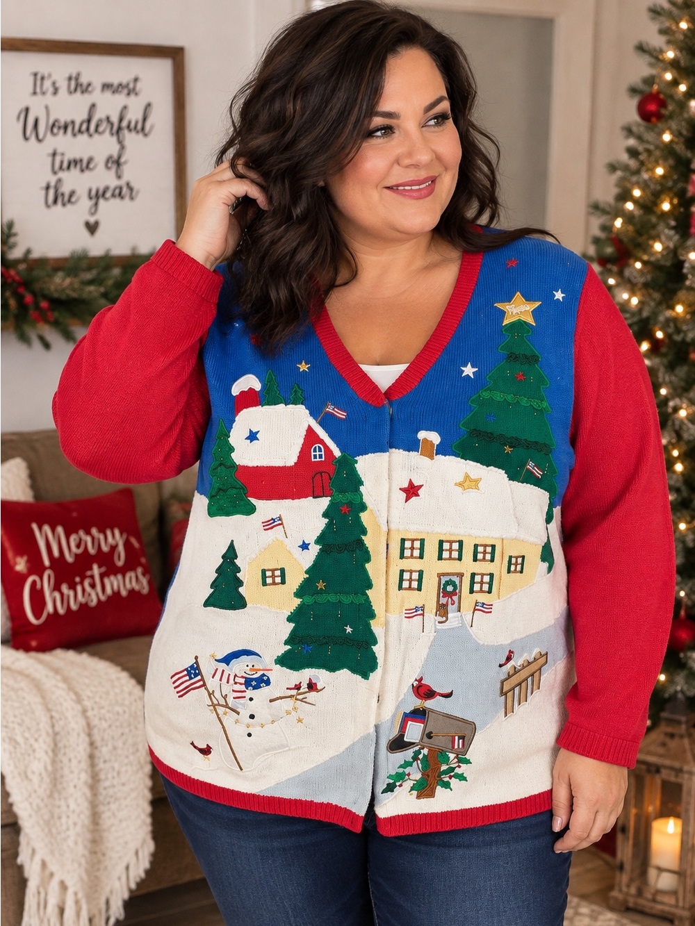 Vintage Christmas Cardigan Sweater Women’s 1X Holiday Winter Village Ugly Xmas